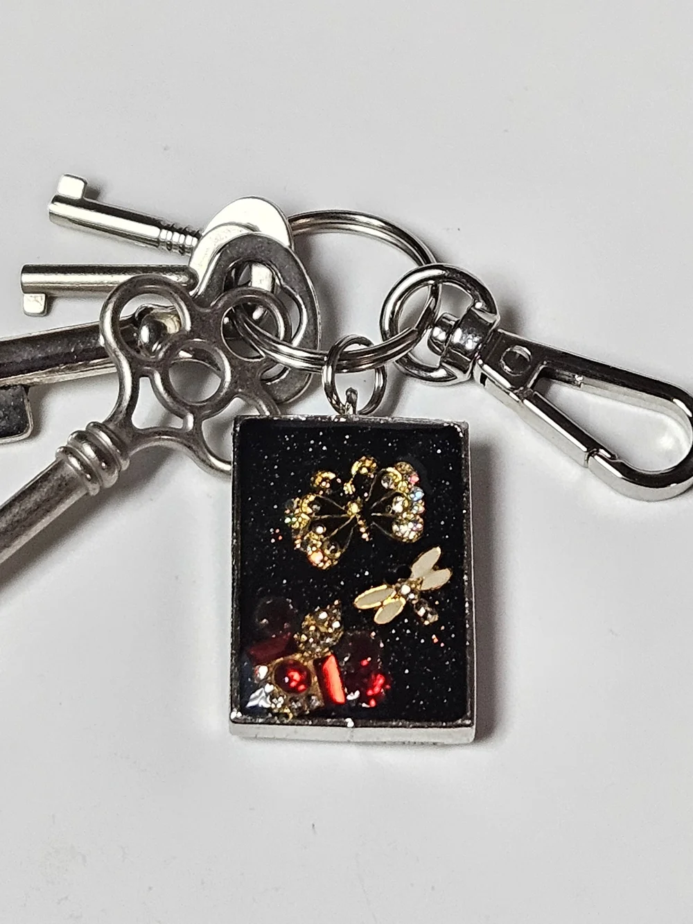 Black Glitter Butterfly & Dragonfly Keychain Charm Crystal Accents